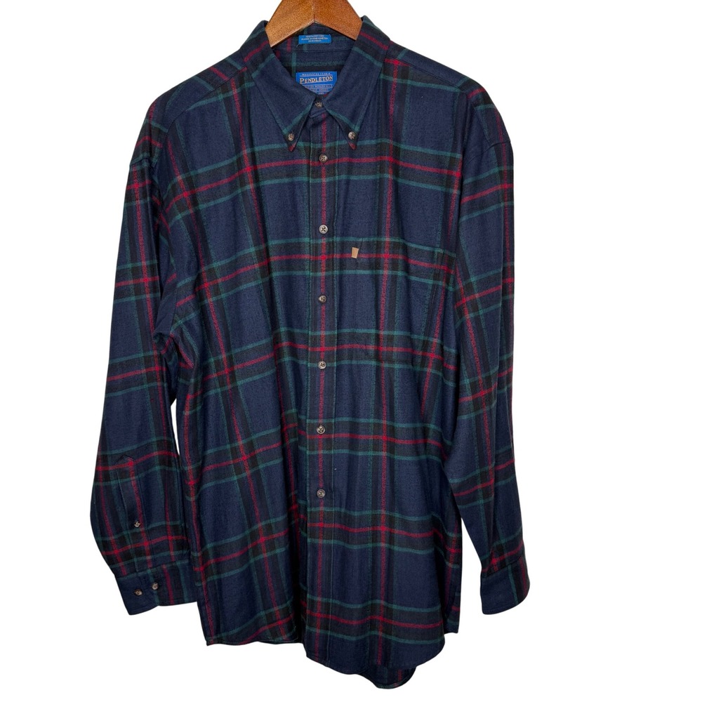 Pendleton 100% Cotton Flannel Plaid Button Up Shirt Men's Blue‎ Red Green Sz L